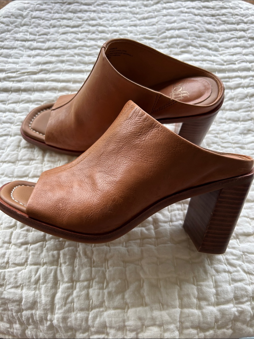 Sofft Safire Cognac Leather Open-Toe Block Heel Mules